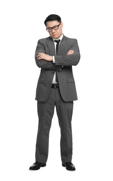 stock image Angry businessman in suit wearing glasses on white background