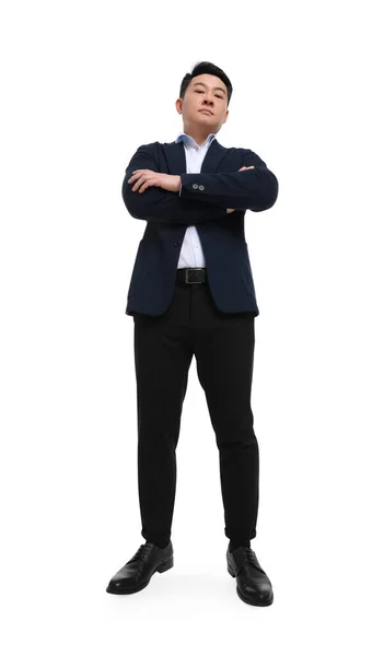 Uomo Affari Giacca Cravatta Posa Sfondo Bianco Vista Basso Angolo — Foto Stock