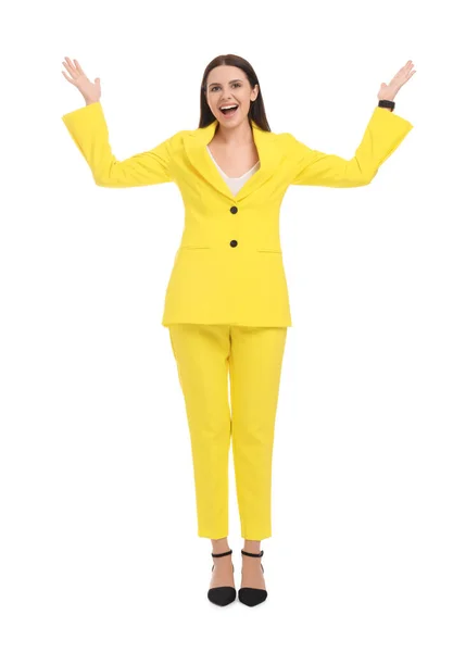 Krásná Podnikatelka Žlutém Obleku Bílém Pozadí — Stock fotografie