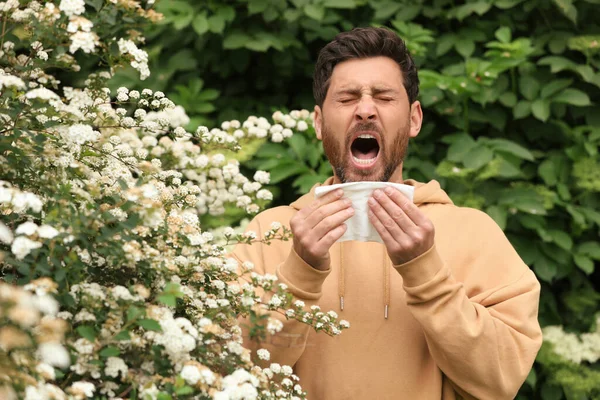 Man Suffering Seasonal Pollen Allergy Blossoming Tree Spring Day — Stock Photo, Image