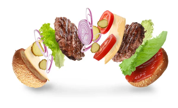 Delicious Burger Different Flying Ingredients White Background — Stock Photo, Image