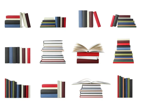 Collage Diferentes Libros Aislados Blanco — Foto de Stock