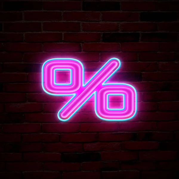 Glowing Neon Percent Sign Brick Wall — Stock Photo, Image