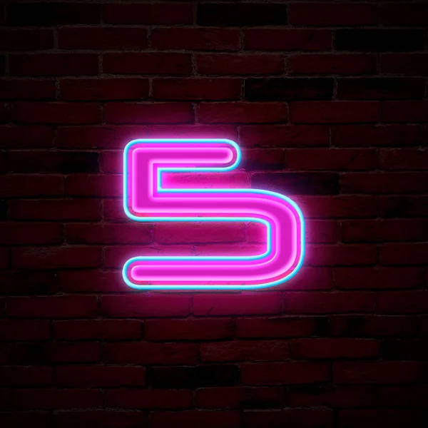 Świecący Neon Numer Znak Ścianie Cegły — Zdjęcie stockowe