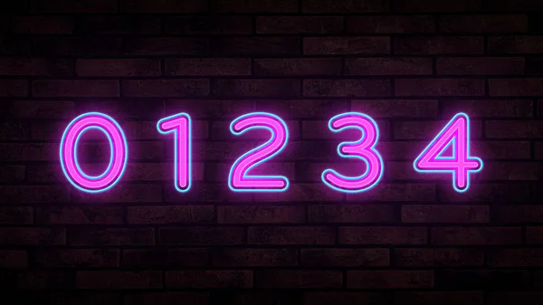 Glowing Neon Number Signs Brick Wall — Stock Photo, Image