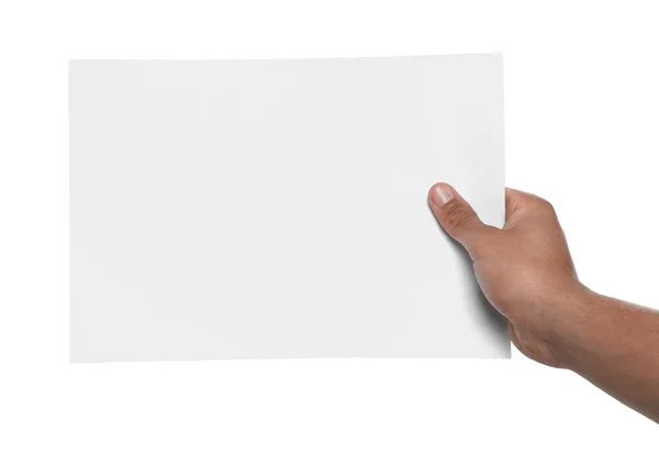 Man Met Vel Papier Witte Achtergrond Close Mockup Voor Ontwerp — Stockfoto