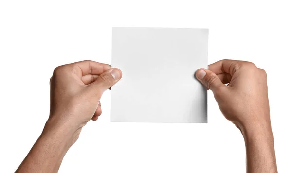 Мужчина Держит Лист Бумаги Белом Фоне Крупным Планом Макет Дизайна — стоковое фото