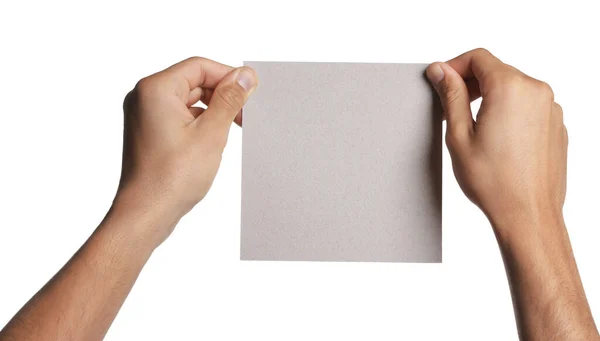 Man Holding Sheet Paper White Background Closeup Mockup Design — Stock Photo, Image