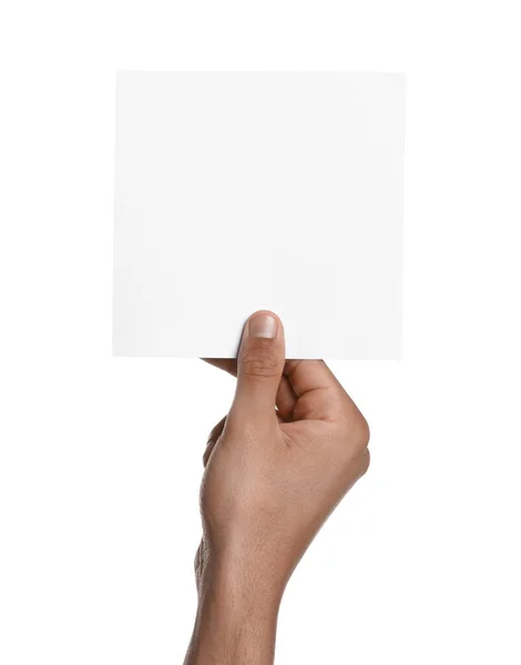 Mann Mit Blatt Papier Auf Weißem Hintergrund Nahaufnahme Mockup Für — Stockfoto