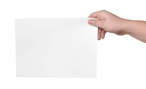 Žena Drží List Papíru Bílém Pozadí Detailní Záběr Mockup Pro — Stock fotografie