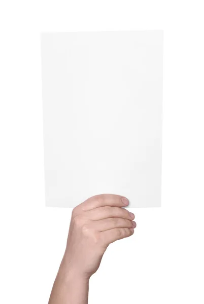 Frau Mit Blatt Papier Auf Weißem Hintergrund Nahaufnahme Mockup Für — Stockfoto
