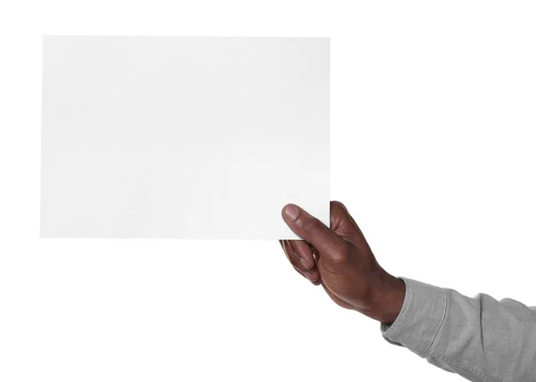 Afroameričan Držící List Papíru Bílém Pozadí Detailní Záběr Mockup Pro — Stock fotografie
