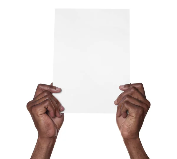 Homem Afro Americano Segurando Folha Papel Sobre Fundo Branco Close — Fotografia de Stock