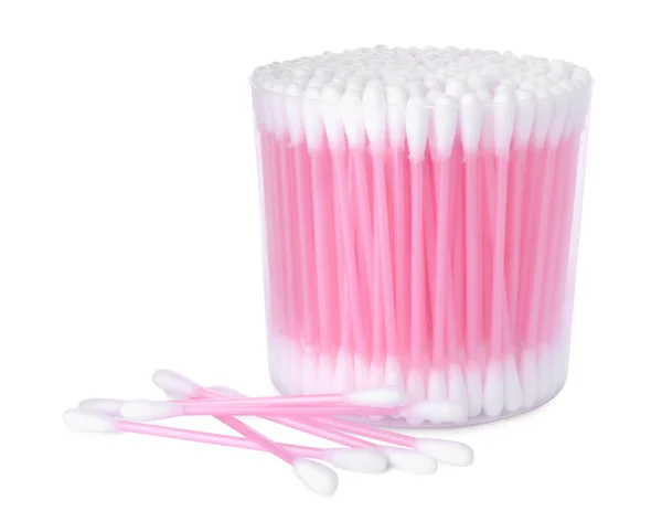 Cotton Buds Plastic Container Isolated White — Stockfoto