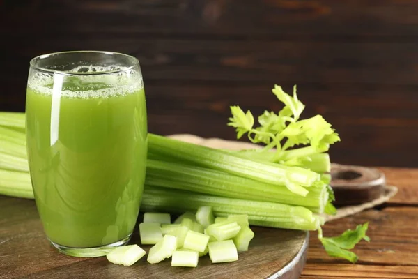 Glass Celery Juice Fresh Vegetables Wooden Table Closeup — Stock Photo, Image