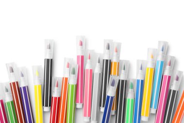 Many bright markers isolated on white, top view