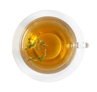 Kekikli Aromatik bitki çayı, beyaza izole edilmiş, üst manzara