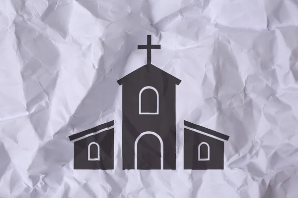 Zgnieciony Papier Ilustracją Kościoła Jako Tła Widok Góry — Zdjęcie stockowe
