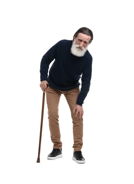 Uomo Anziano Con Bastone Passeggio Che Soffre Dolore Ginocchio Sfondo — Foto Stock