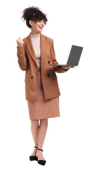 Красива Щаслива Бізнес Леді Використовуючи Ноутбук Білому Тлі — стокове фото