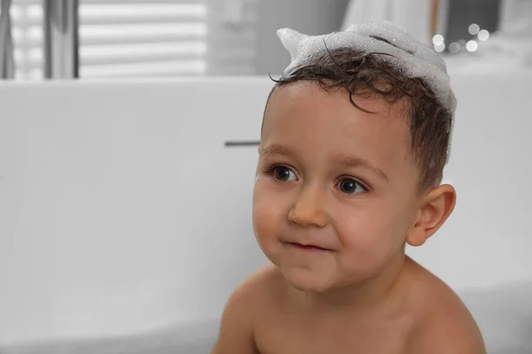 Cute Little Boy Washing Hair Shampoo Bathroom Space Text — Stock Photo, Image