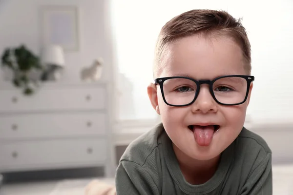 Cute Little Boy Glasses Home Space Text —  Fotos de Stock