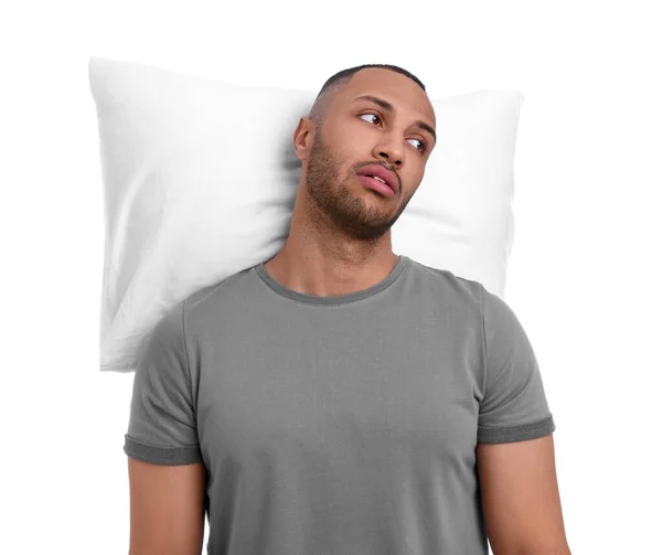 Втомлений Чоловік Подушкою Білому Тлі Проблема Безсоння — стокове фото