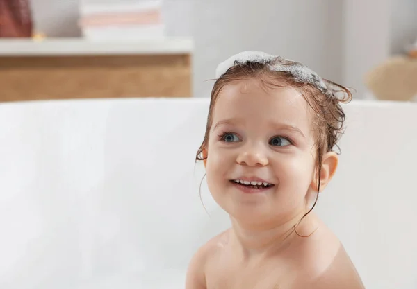 Cute Little Girl Washing Hair Shampoo Bathroom Space Text — Stock Photo, Image