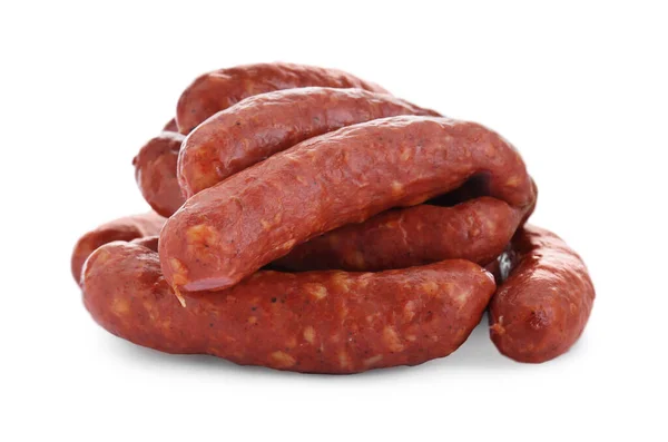 Många Färska Råa Korvar Isolerade Vitt Köttprodukt — Stockfoto