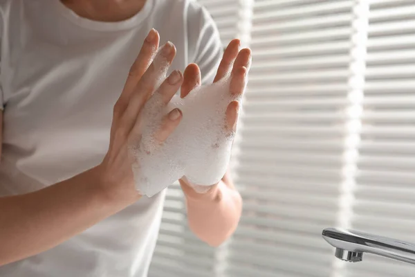 Woman Washing Hands Cleansing Foam Sink Bathroom Closeup — Stok fotoğraf