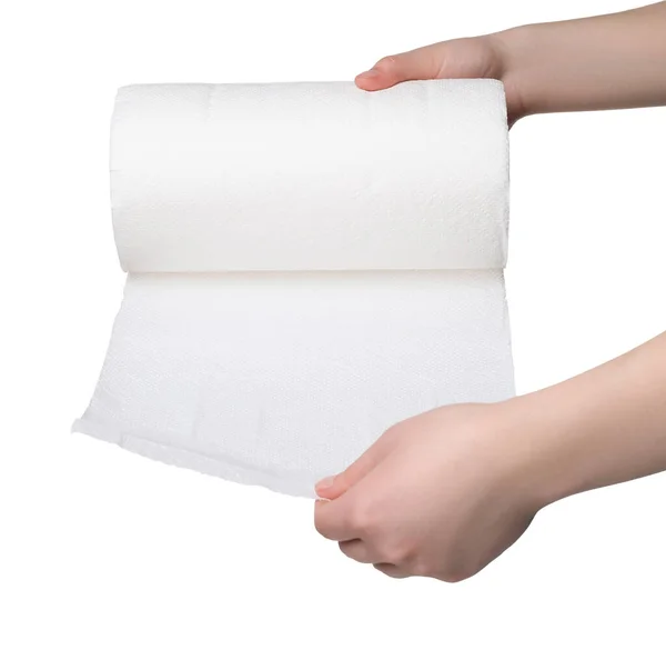 Beyaz Arka Planda Kağıt Havluları Yırtan Kadın Yakın Plan — Stok fotoğraf