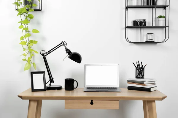 Cozy Workspace Laptop Lamp Stationery Wooden Desk Home — Stock Photo, Image