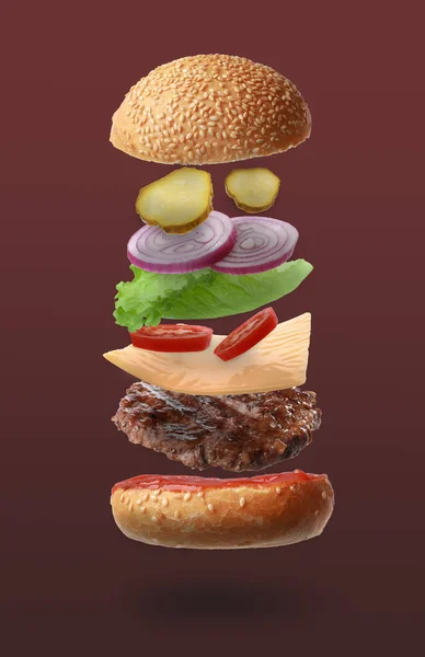 Вкусный Бургер Различными Летящими Ингредиентами Цветном Фоне — стоковое фото
