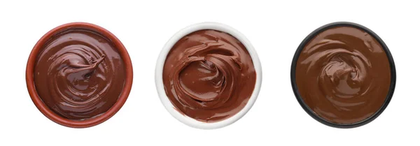 Pasta Chocolate Gostoso Tigelas Fundo Branco Vista Superior Desenho Colagem — Fotografia de Stock
