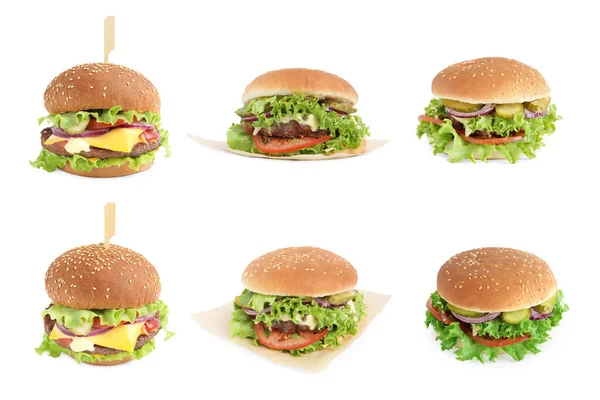 Collage Met Heerlijke Hamburgers Witte Achtergrond — Stockfoto