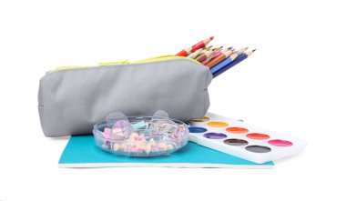 Many different school stationery isolated on white