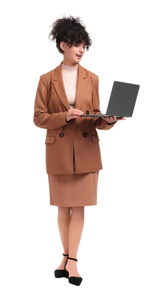Mooie Zakenvrouw Met Behulp Van Laptop Witte Achtergrond — Stockfoto