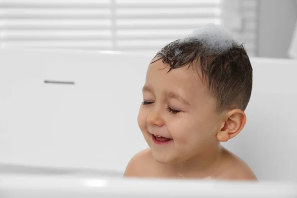 Cute Little Boy Washing Hair Shampoo Bathroom Space Text — Stockfoto