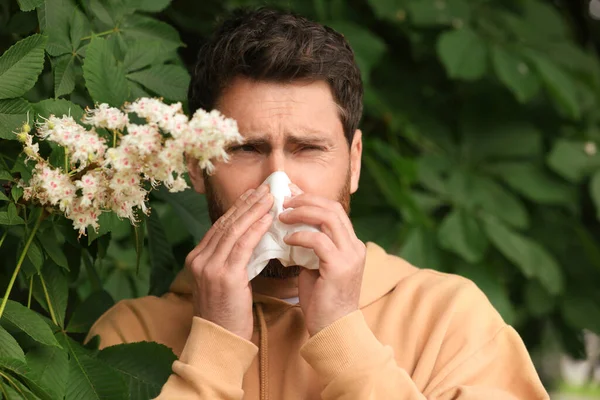 Man suffering from seasonal spring allergy near tree in park
