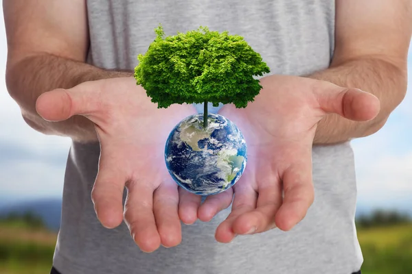 Tornar Terra Verde Homem Segurando Globo Com Árvore Topo Livre — Fotografia de Stock