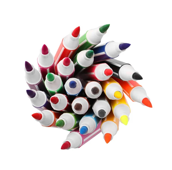 Many Bright Markers Isolated White Top View — Stock fotografie