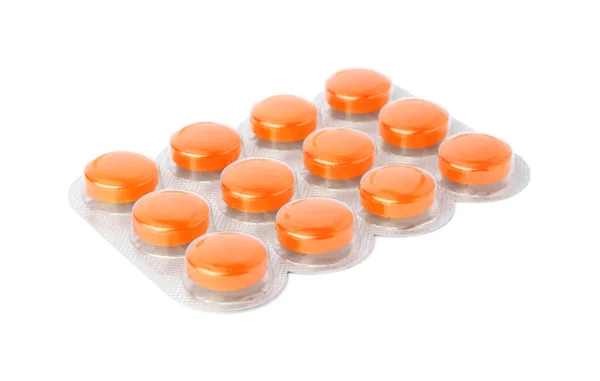 Fehér Alapon Izolált Narancsszínű Köhögéscsillapítókat Tartalmazó Buborékcsomagolás — Stock Fotó