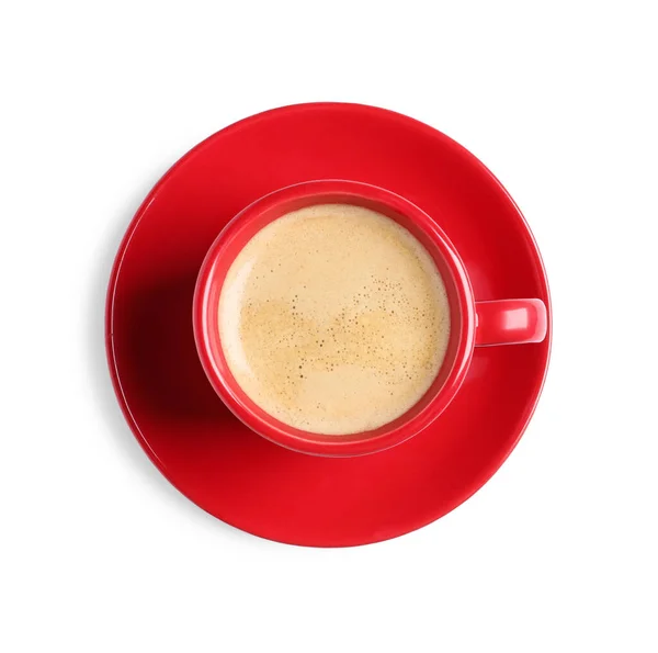 Red Ceramic Cup Hot Aromatic Coffee Isolated White Top View — Stok fotoğraf