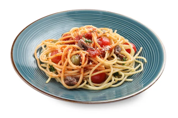 Piatto Deliziosa Pasta Con Acciughe Pomodori Parmigiano Isolato Bianco — Foto Stock