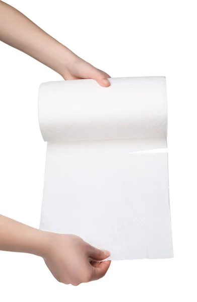 Donna Che Strappa Asciugamani Carta Sfondo Bianco Primo Piano — Foto Stock