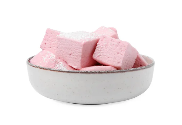Schaal Heerlijke Zoete Marshmallows Met Poedersuiker Geïsoleerd Wit — Stockfoto
