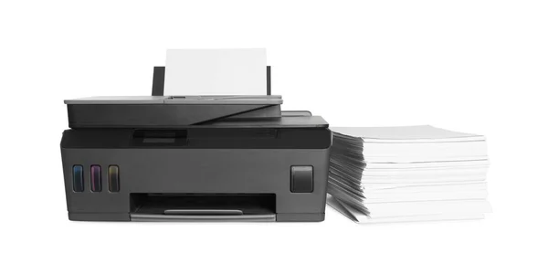 Moderne Drucker Und Papierstapel Auf Weißem Hintergrund — Stockfoto