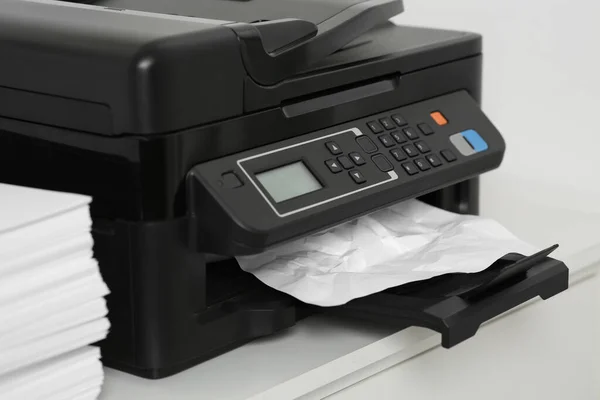Modern Printer Crumpled Sheet Paper White Table — Stock Photo, Image