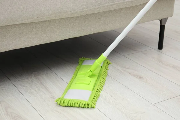 Cleaning White Parquet Floor Sofa Mop Closeup — Stock Photo, Image
