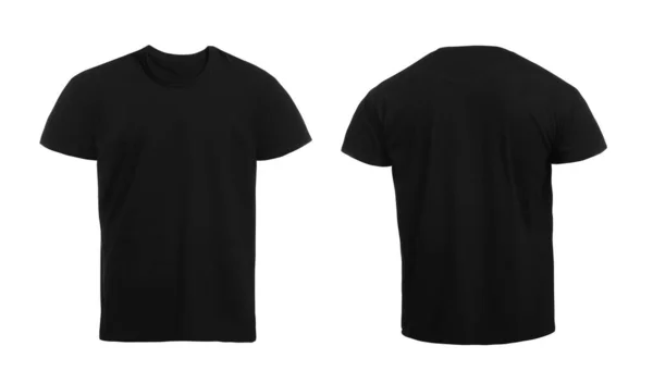 Stylowy Czarny Shirt Białym Tle Widok Przodu Tyłu Miejsce Projektowania — Zdjęcie stockowe